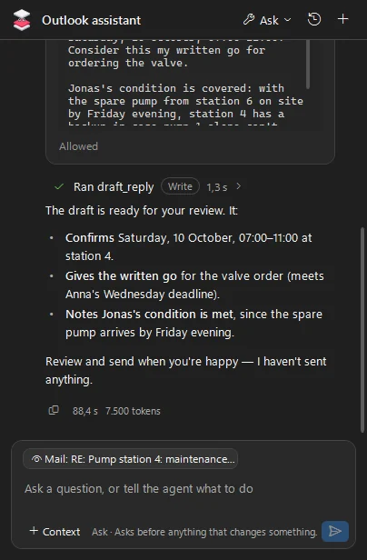 The Outlook agent drafting a reply and leaving it for the user to review and send.