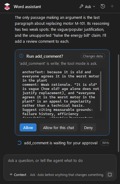 The Word agent asking whether it may add a review comment, with Allow, Allow for this chat and Deny.