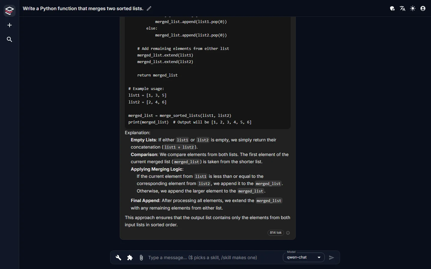 The Fadenstack chat: a Python question answered by a model on the organization's own cluster.